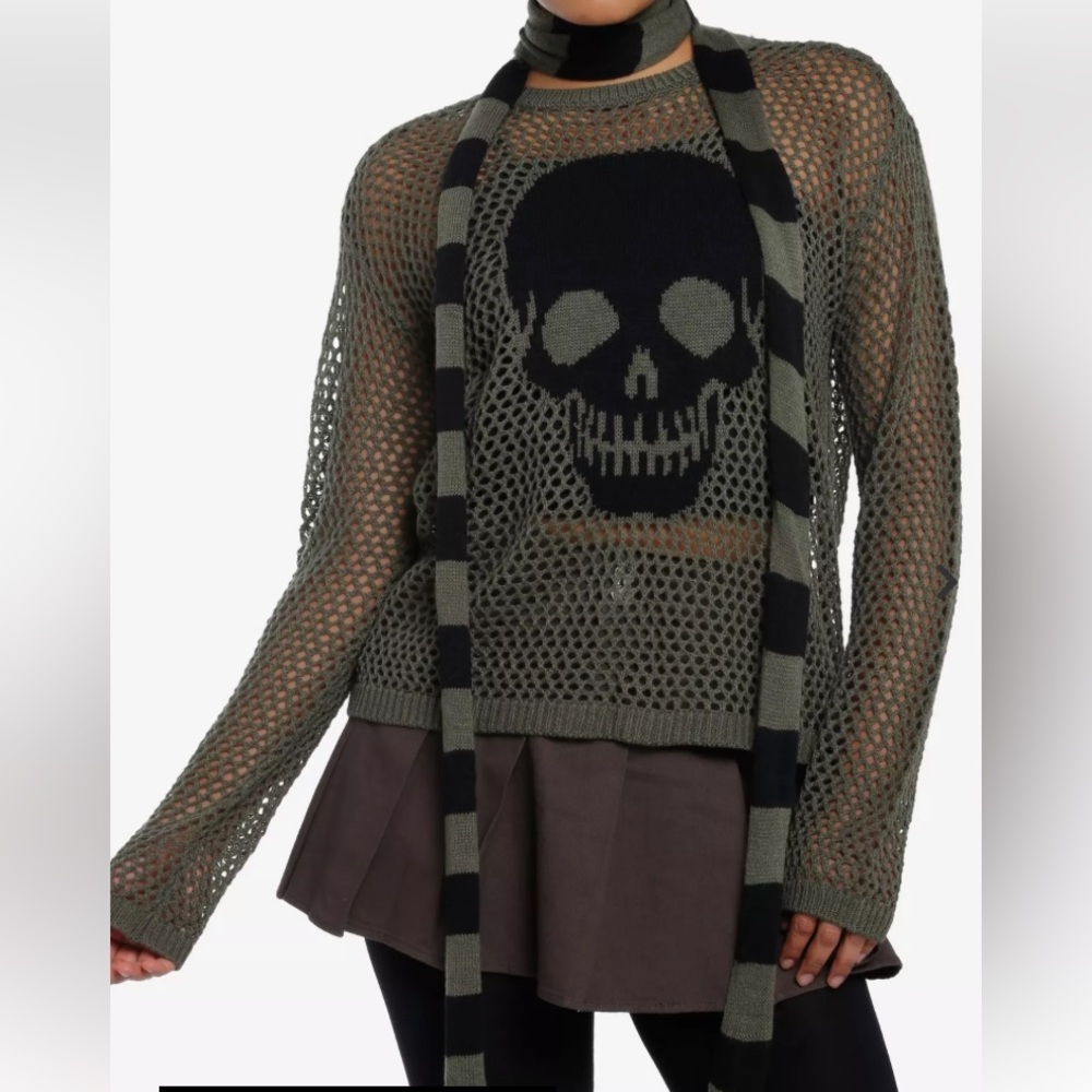 Social Collision Hot Topic Skull Girls Knit Olive Skull Mesh Sweater